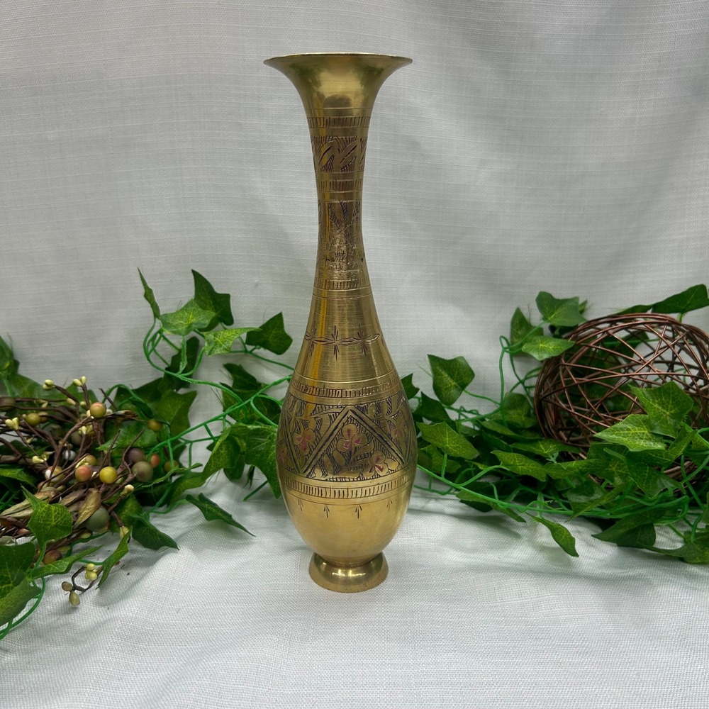 Vintage Brass Vase 11.5" Gold Etched Floral Color Accents Flared Rim Boho MCM